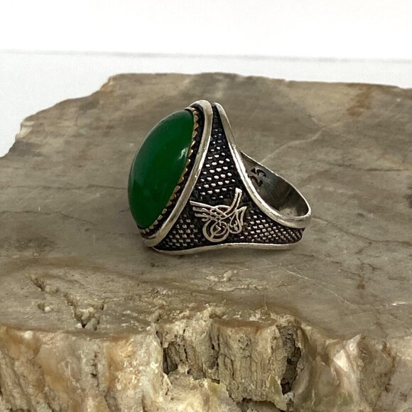 Sterling Silver 925 Green Chalcedony Turkish Ottoman Tughra Unisex Ring Sz 9.25 - Picture 13 of 16